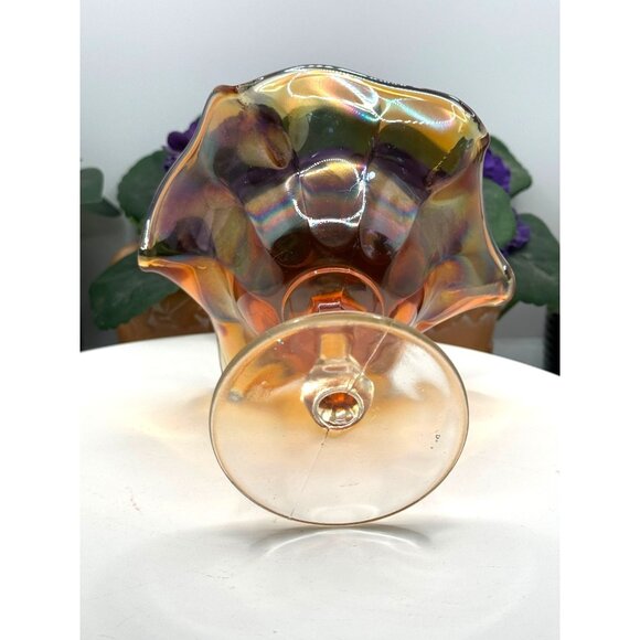 Vintage Iridescent Marigold Carnival Glass Compote Dish - Picture 6 of 8